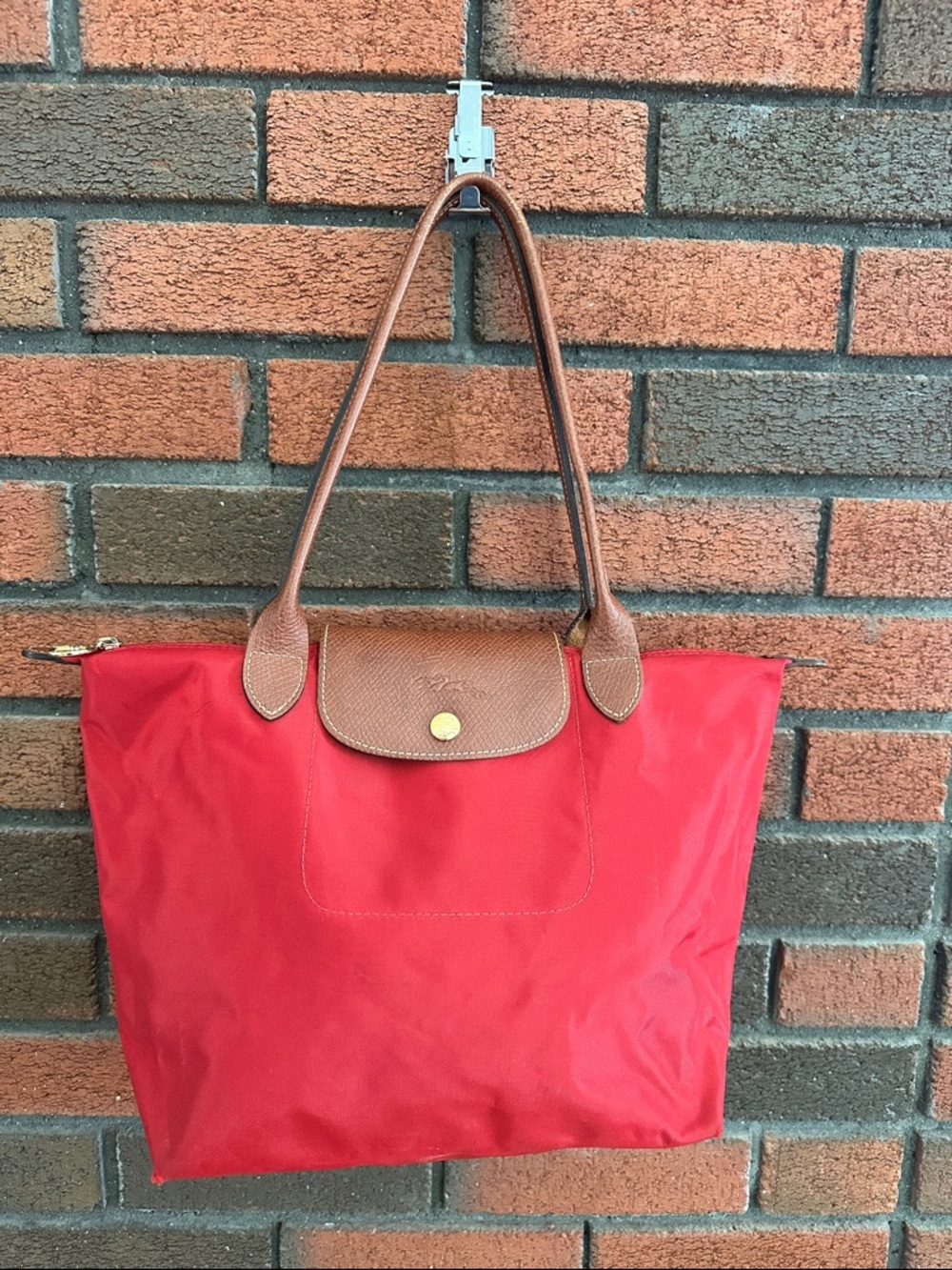 Longchamp Red le pilage Tote with Brown Leather Trim